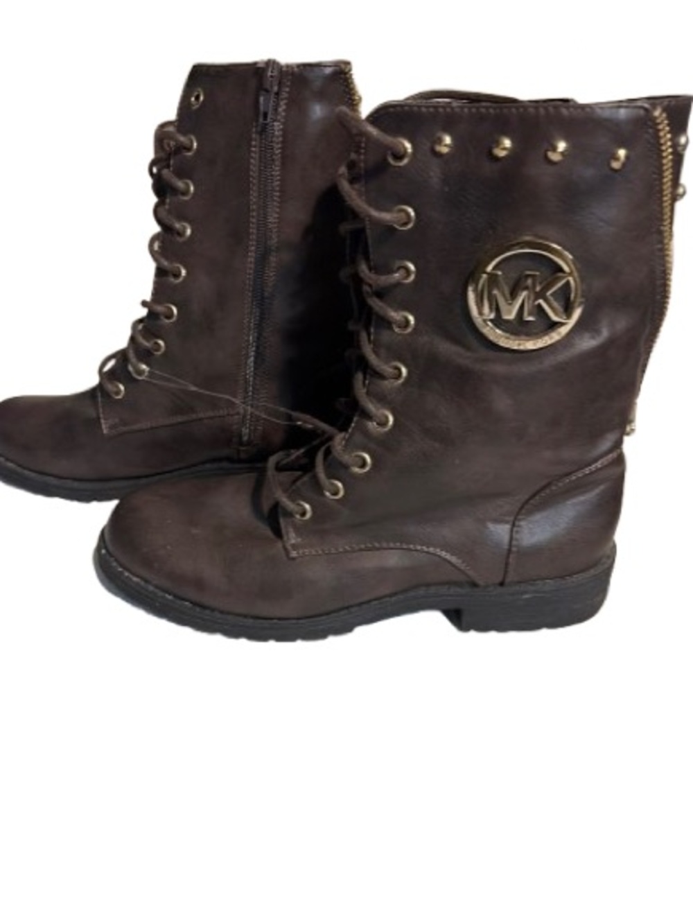 Michael Kors Dark Brown Lace-Up Logo Combat Boots with Studded Details, size 9
